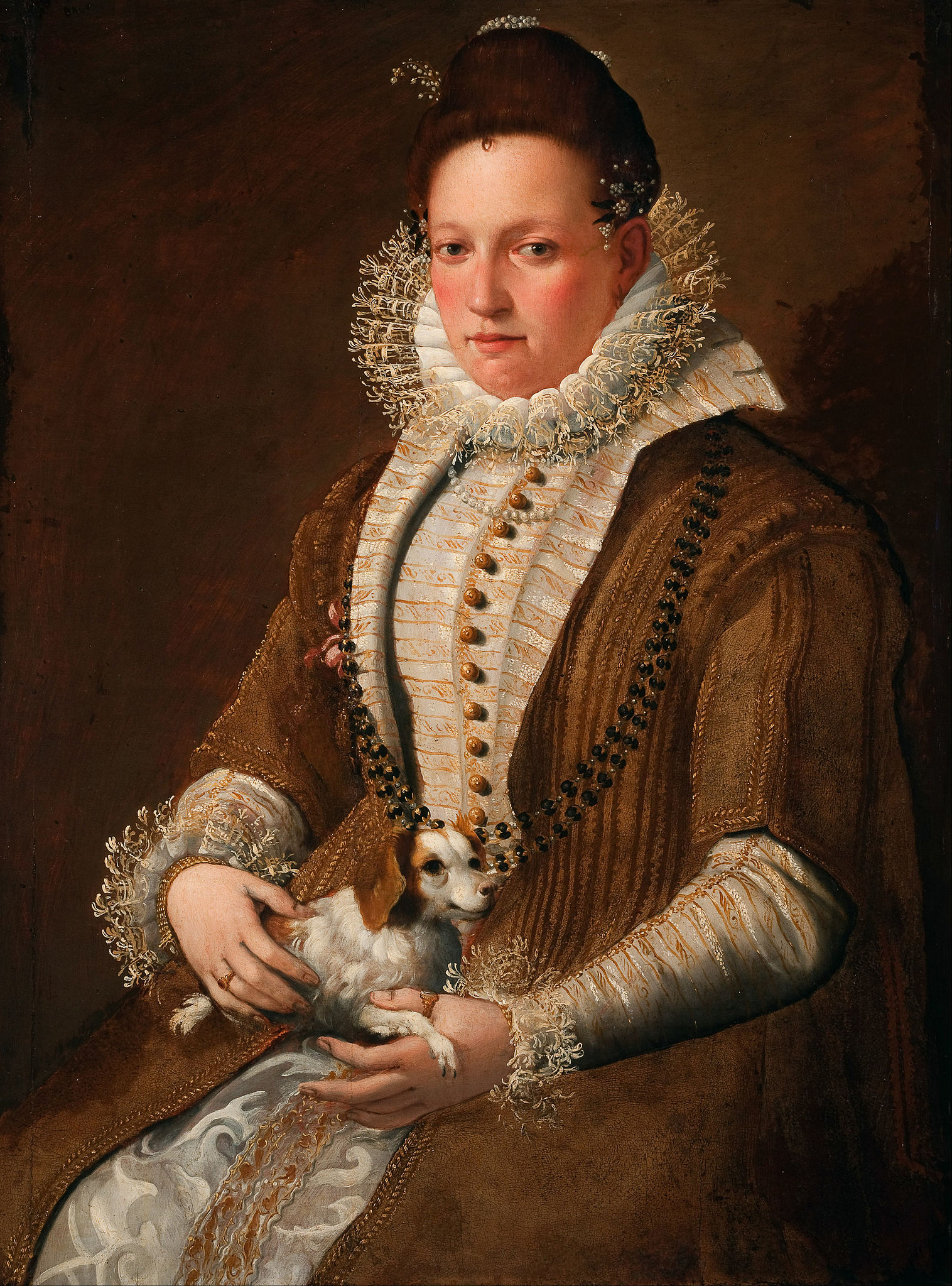 小型犬を連れた婦人の肖像 by Lavinia Fontana - 1590年代 - 72.4 x 97.1 cm 
