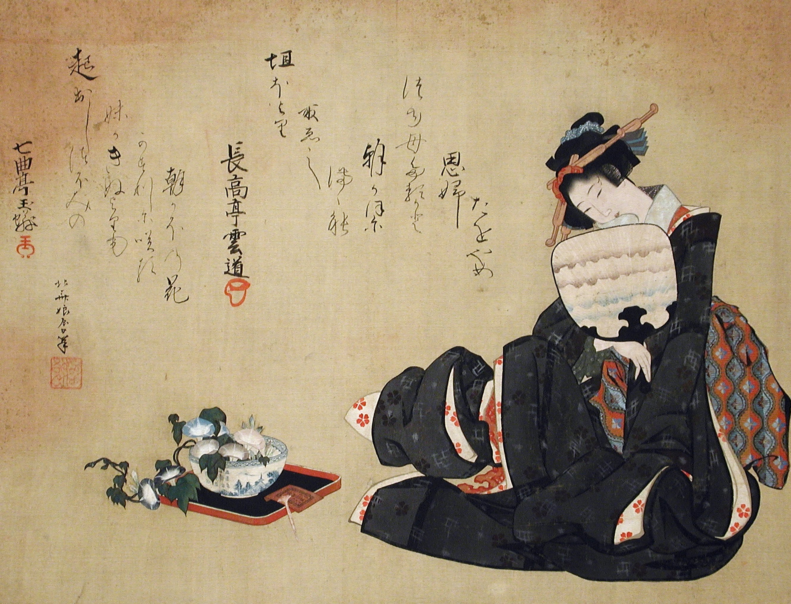 女人與牽牛花 by Katsushika Ōi - 約 1820 年代 - 34.2 x 44.8 釐米 