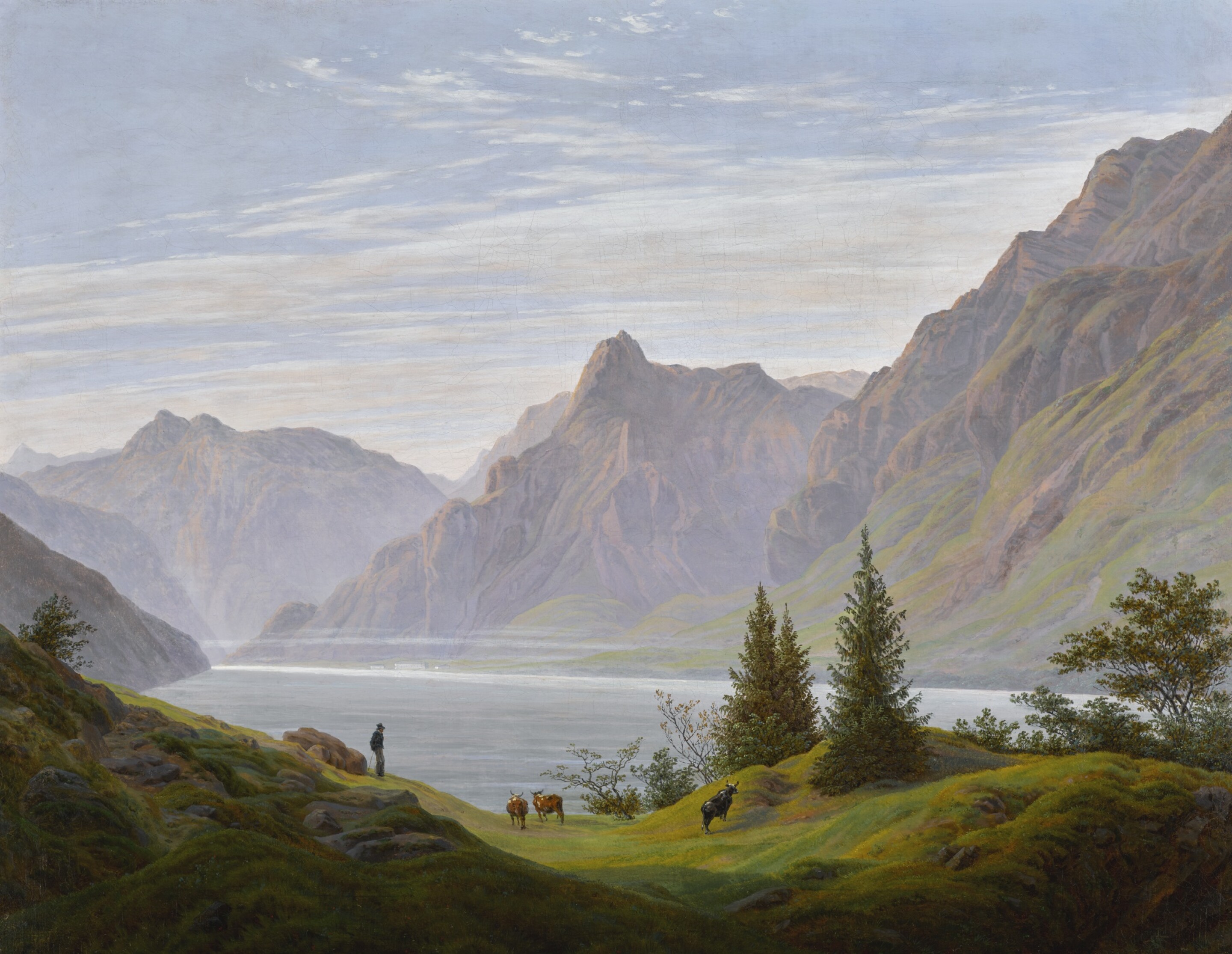 लैंडस्केप के साथ माउंटेन लेक, सुप्रभात by Caspar David Friedrich - c. 1823-1835 - 71.5 x 93 cm 
