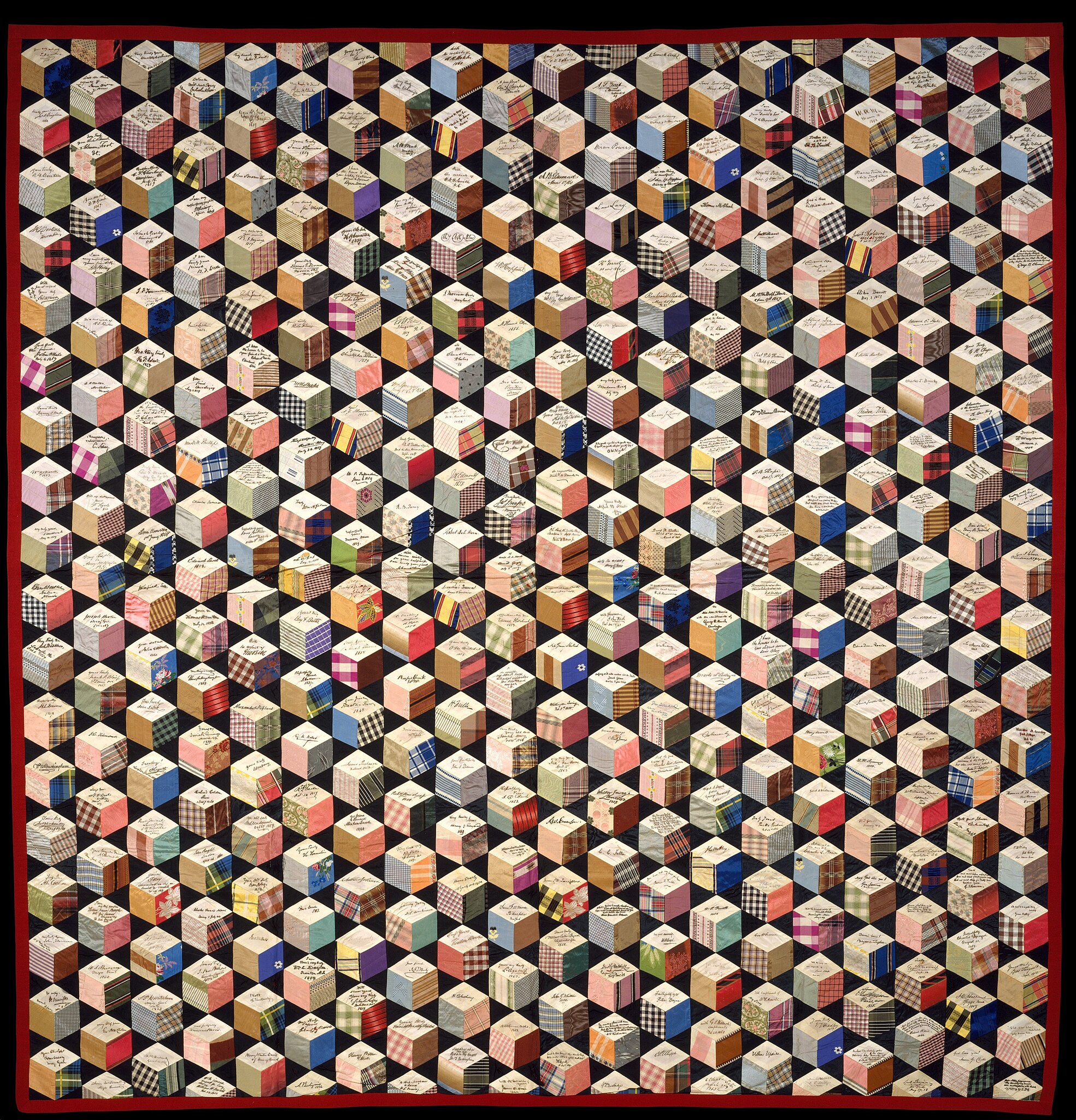 Trapunta, pattern di blocchi rotanti con firme by Adeline Harris Sears - inizio 1856 - 203,2 × 195,6 cm 