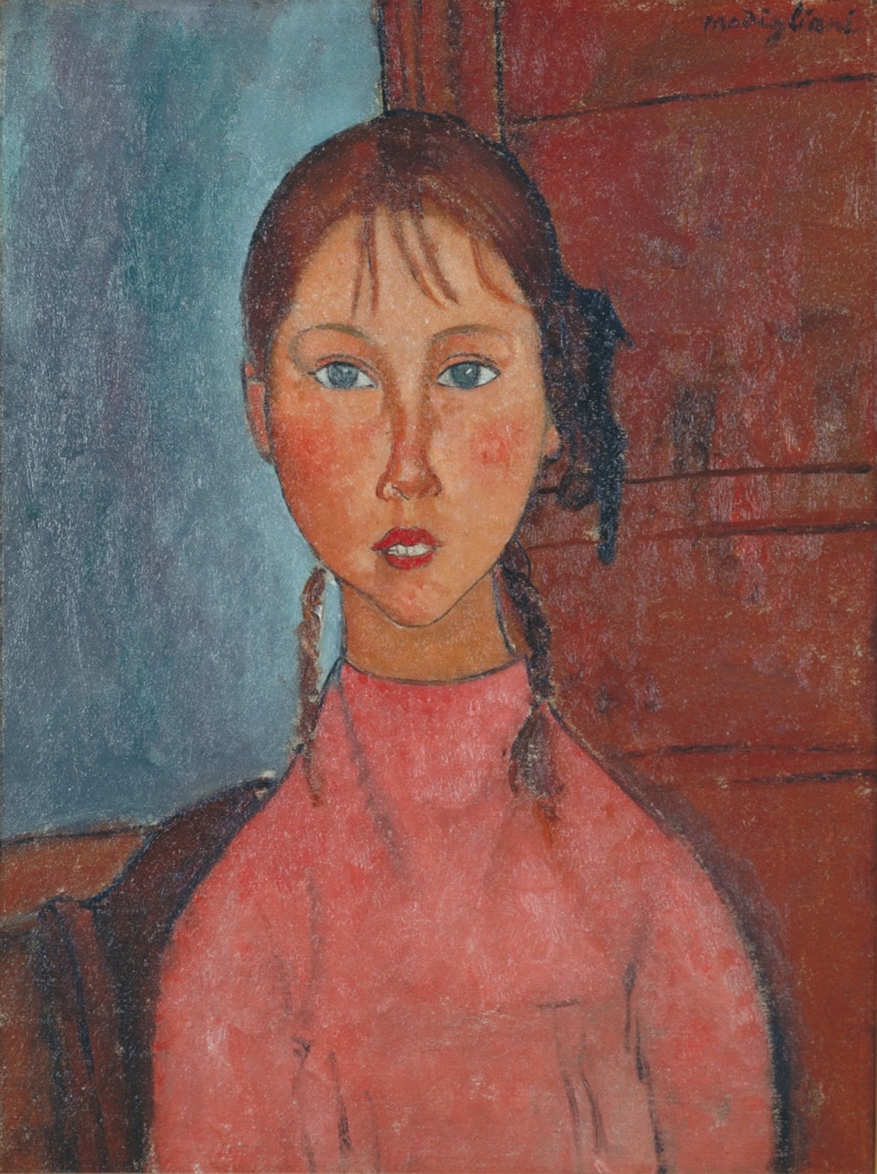 Girl with Pigtails by Amedeo Modigliani - c. 1918 - 60 × 45.5 cm Nagoya City Art Museum