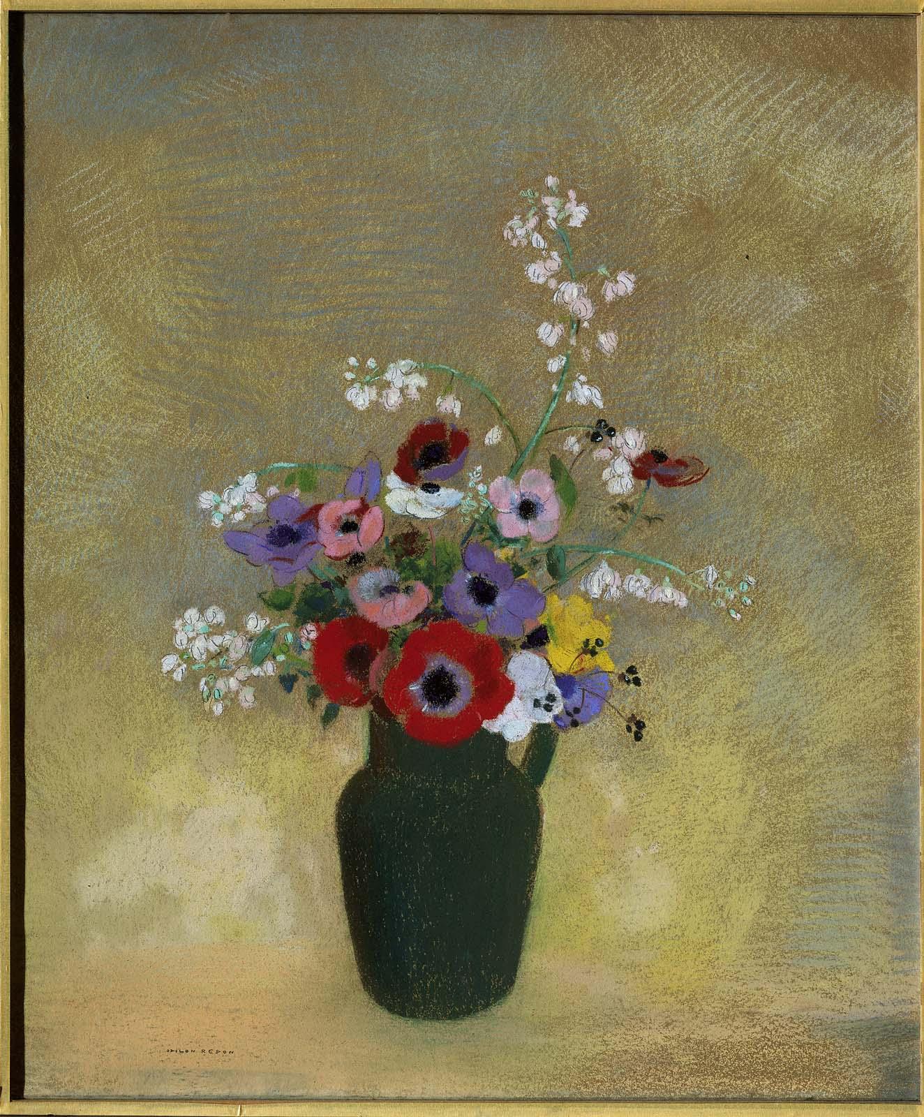 Velká zelená váza se směsicí květin by Odilon Redon - 1910-1912 - 74,3 x 62,2 cm 