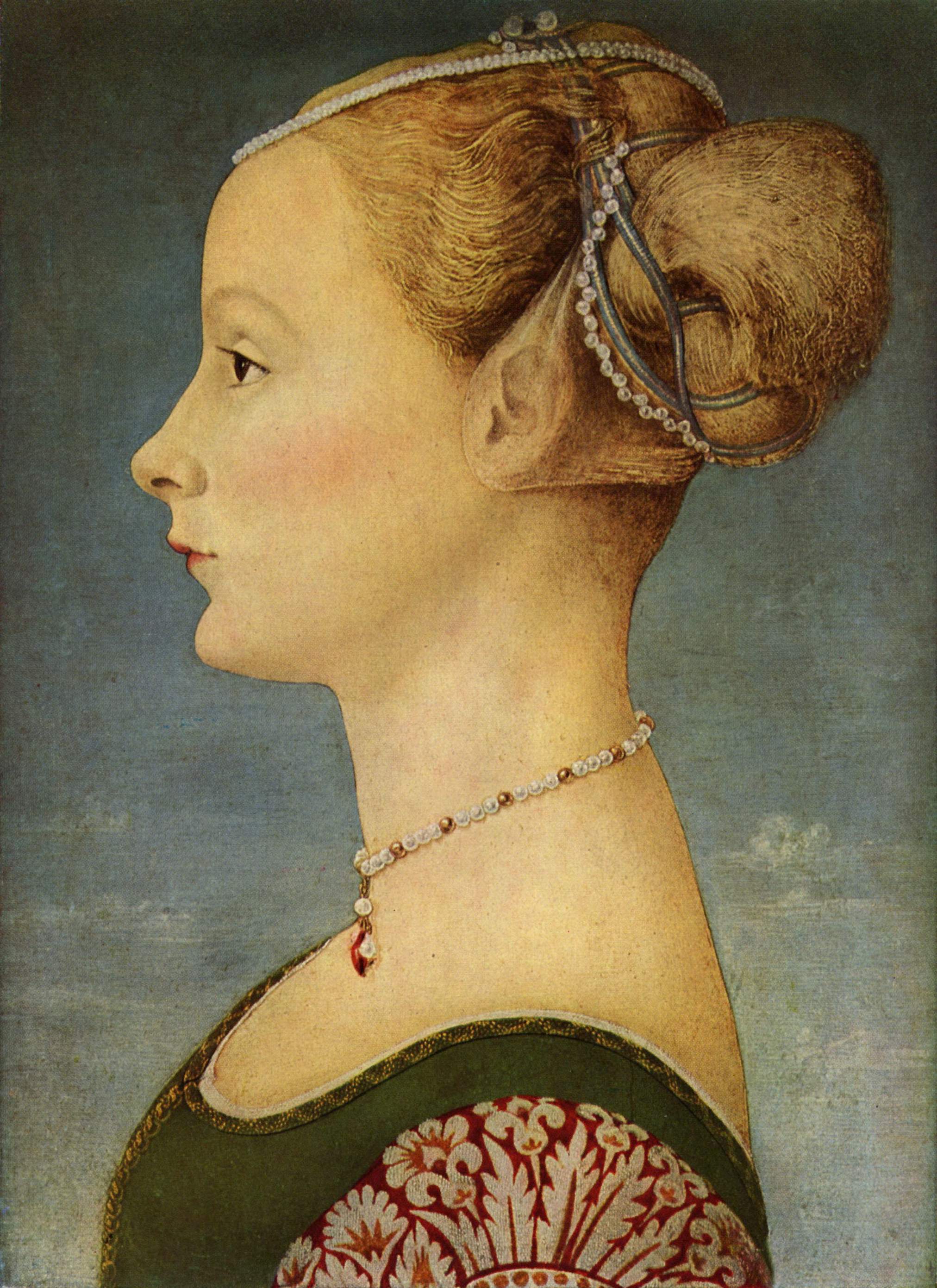 Portret van een Jonge Vrouw by Antonio and Piero del Pollaiuolo - ong. 1470 - 32,7 x 45,5 cm 