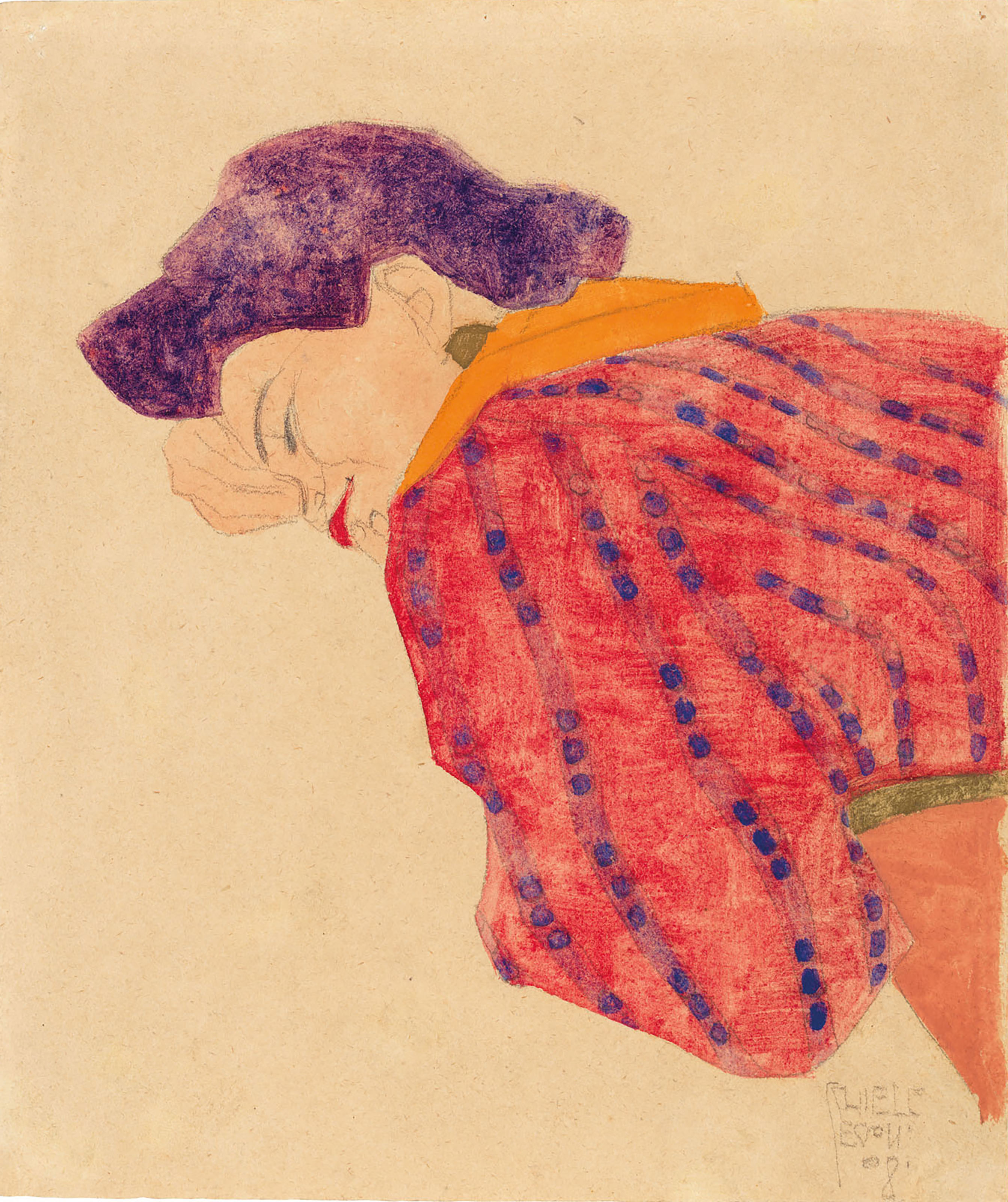 Liggend meisje met rode blouse by Egon Schiele - 1908 - 26 x 22,1 cm 
