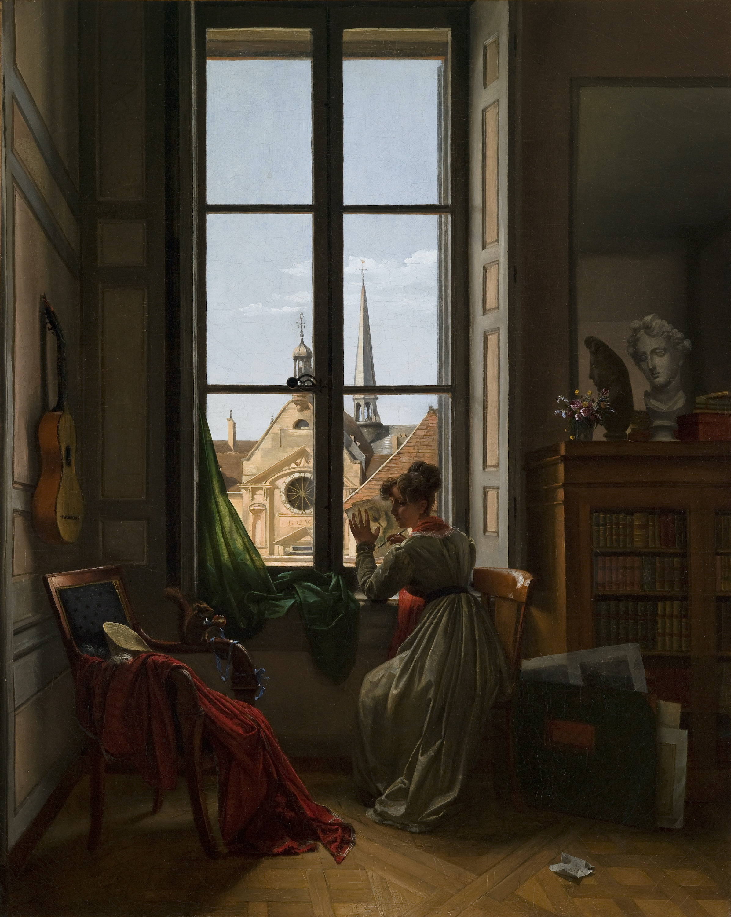 在室內，一位描繪花朵的年輕女子 by Louise Adéone Drölling - 约1820–1822年 - 56.5 x 45.4 cm 