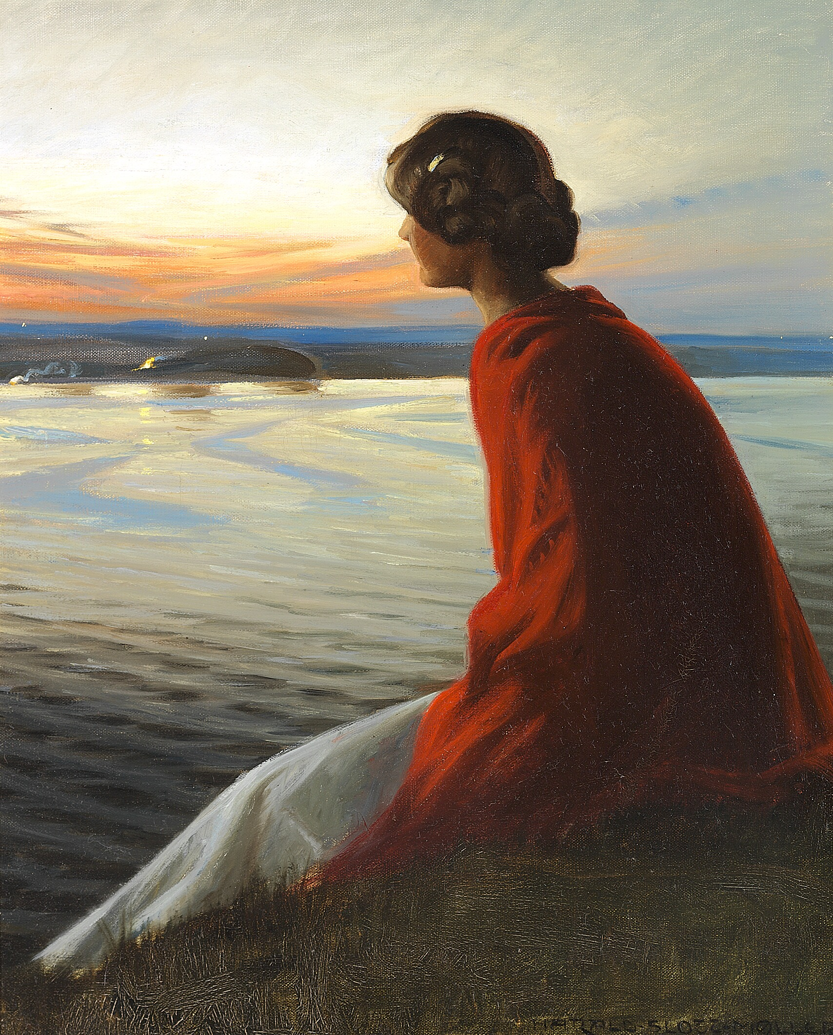 A Young Woman Watching a Bonfire at St. John's Eve by Harald Slott-Møller - c. 1908 - 62 x 50 cm private collection