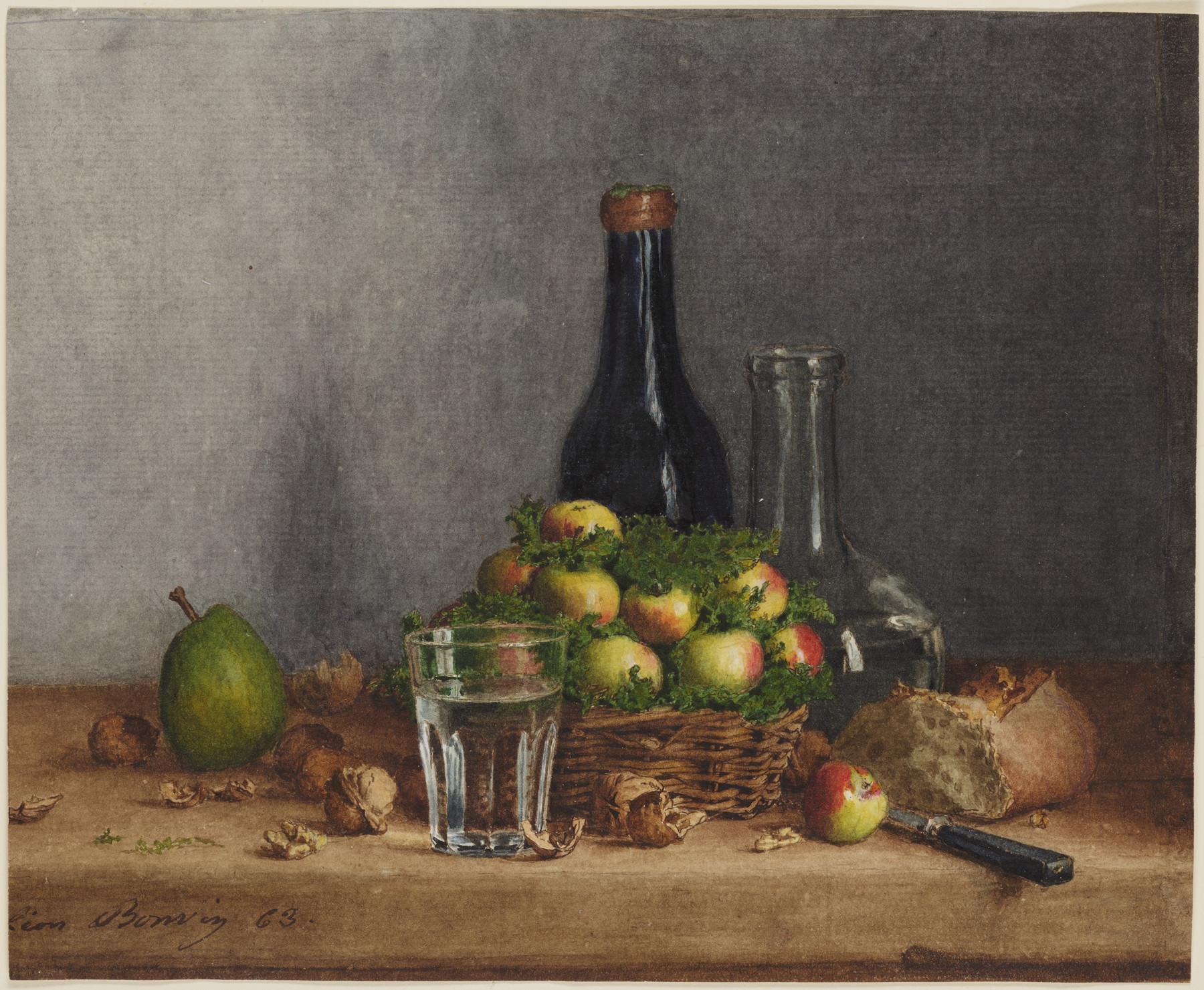 Natürmort: Elma, Armut, Ceviz ve Bıçak Sepeti (orig. "Still Life: Basket of Apples, Pear, Walnuts and Knife") by Leon Bonvin - 1863 - 15,3 x 18,7 cm Walters Sanat Müzesi