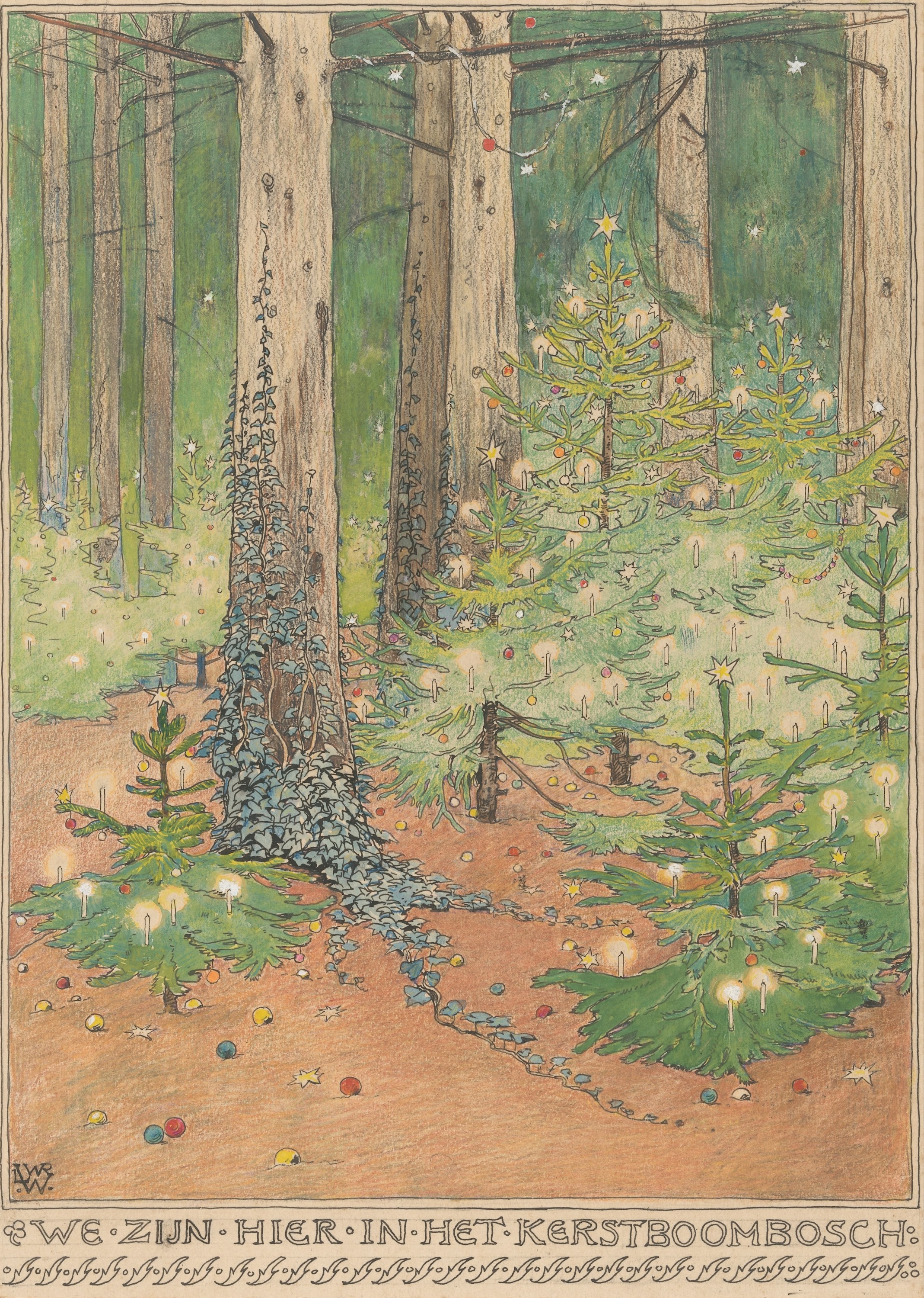 Estamos aquí, en el bosque de árboles de Navidad by Willem Wenckebach - 1898 - 34.3 x 24.5 cm Rijksmuseum