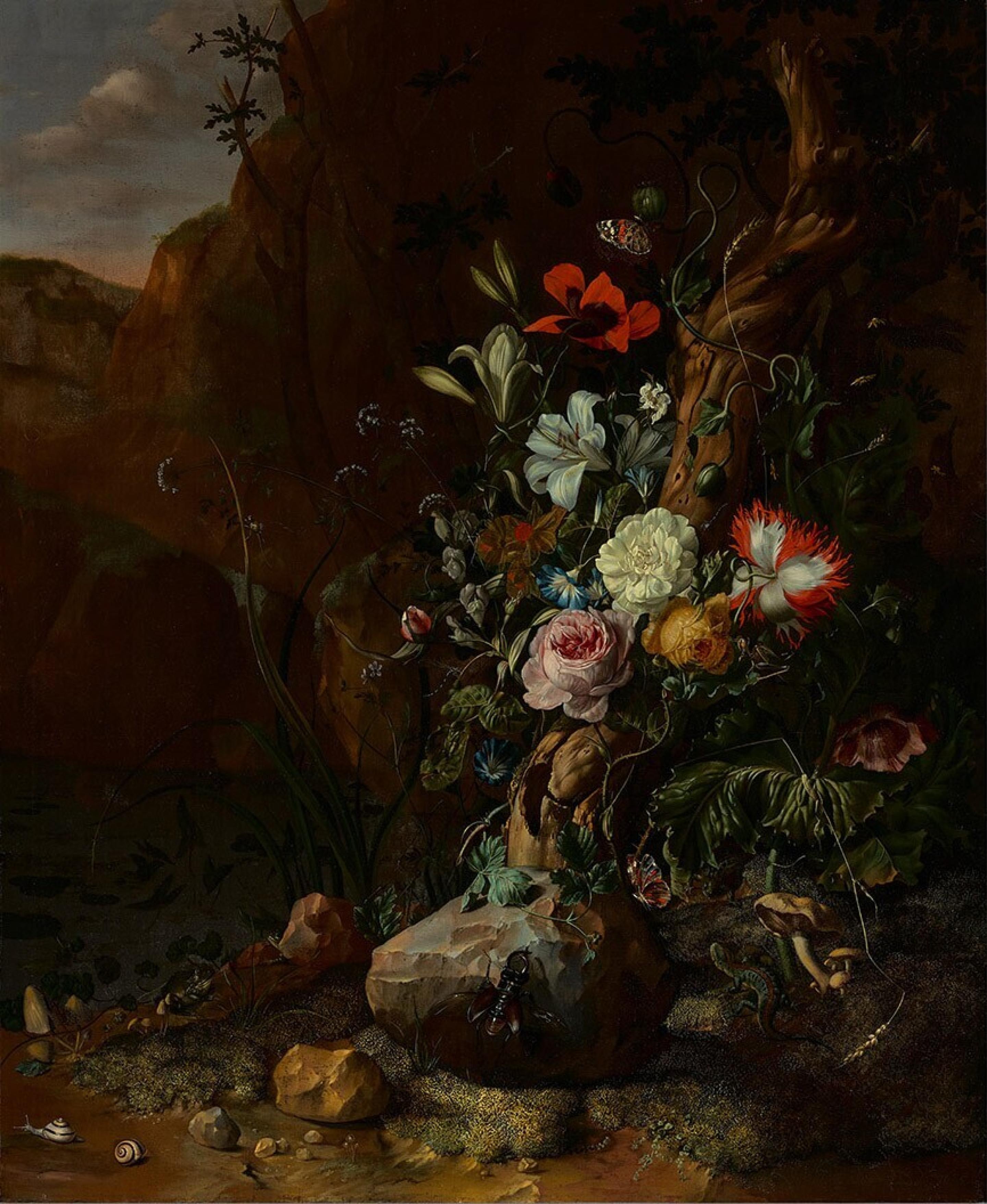 Kmen stromu obklopený květinami, motýly a drobnými živočichy by Rachel Ruysch - 1685 - 82 x 99 cm 