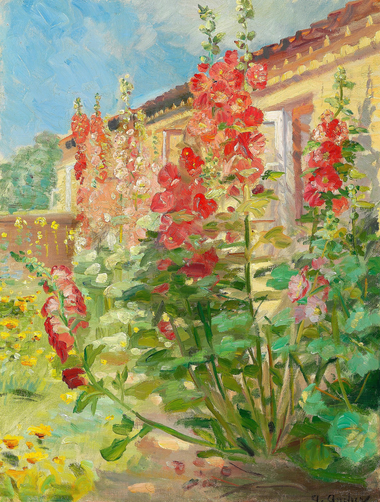 बगीचे में लाल होलीहॉक by Anna Ancher - 1916 - 63 x 47 सेमी 