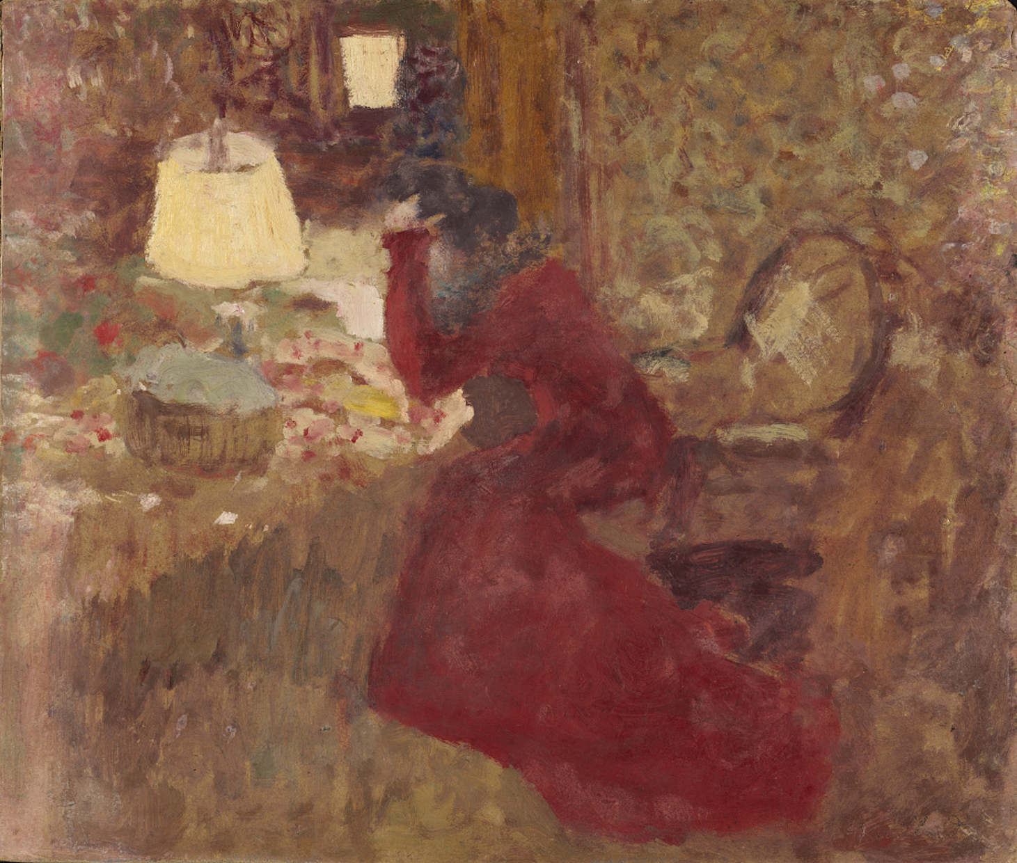 Kvinna i röd klänning, eller J. R. mot ett fönster by Édouard Vuillard - 1899/1900 - 31,43 x 37,47 cm 