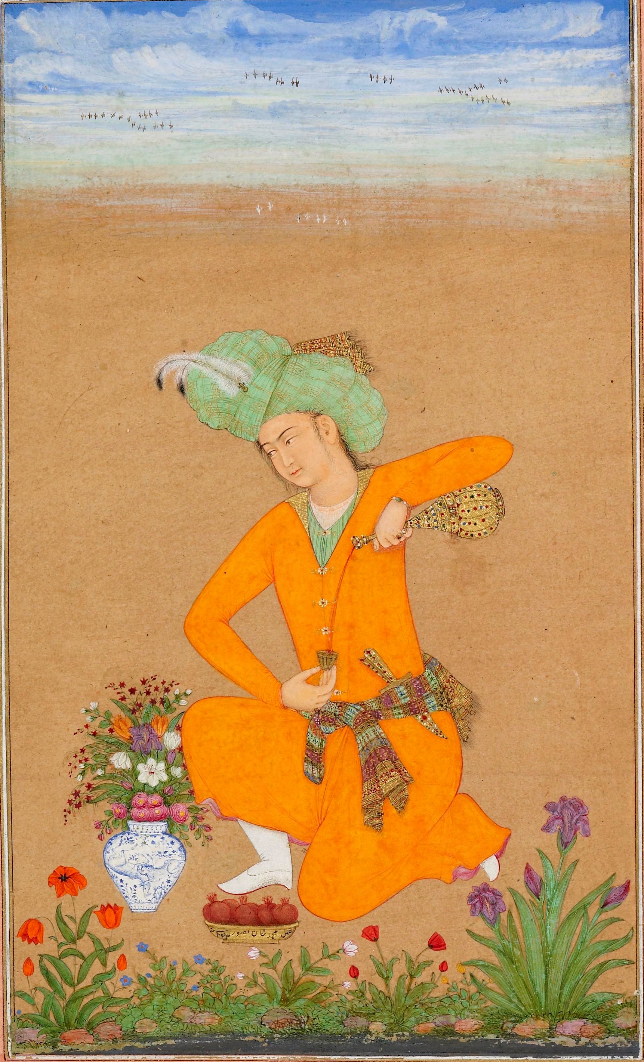 फ़ारसी पोशाक में एक राजकुमार, मदिरा उड़ेलते हुए by Muhammad Faqirullah Khan - 1630-1640 - 17.8 x 11.2 cm 