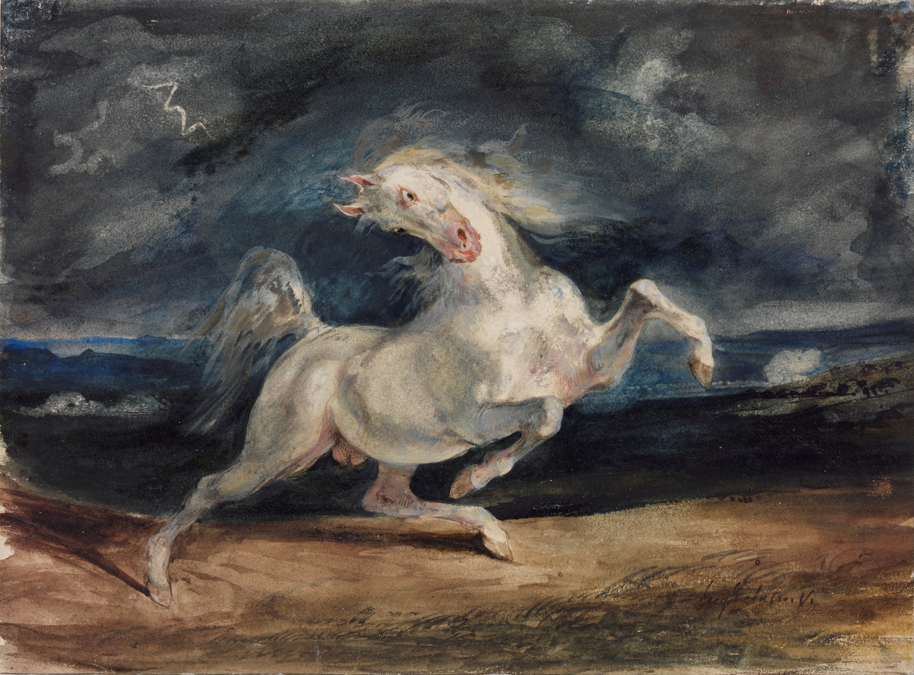 Кінь, наляканий блискавкою by Eugène Delacroix - бл. 1824 - 23.6 x 32 см 