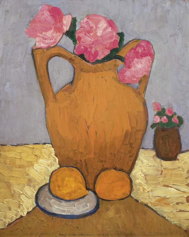 Still Life with Clay Jug, Peonies, and Oranges