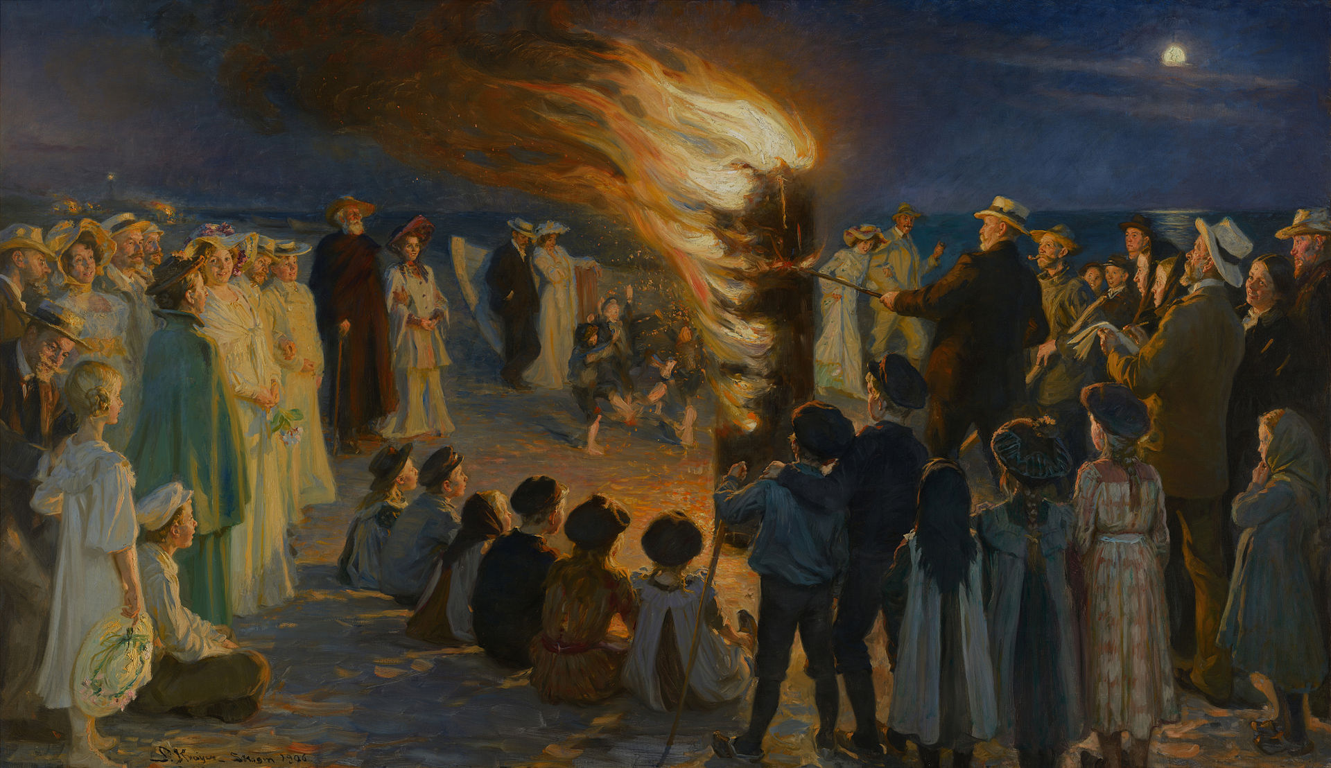 スケーエンの浜辺における真夏の篝火 by P.S. Krøyer - 1905年 - 149.5 cm × 257 cm 