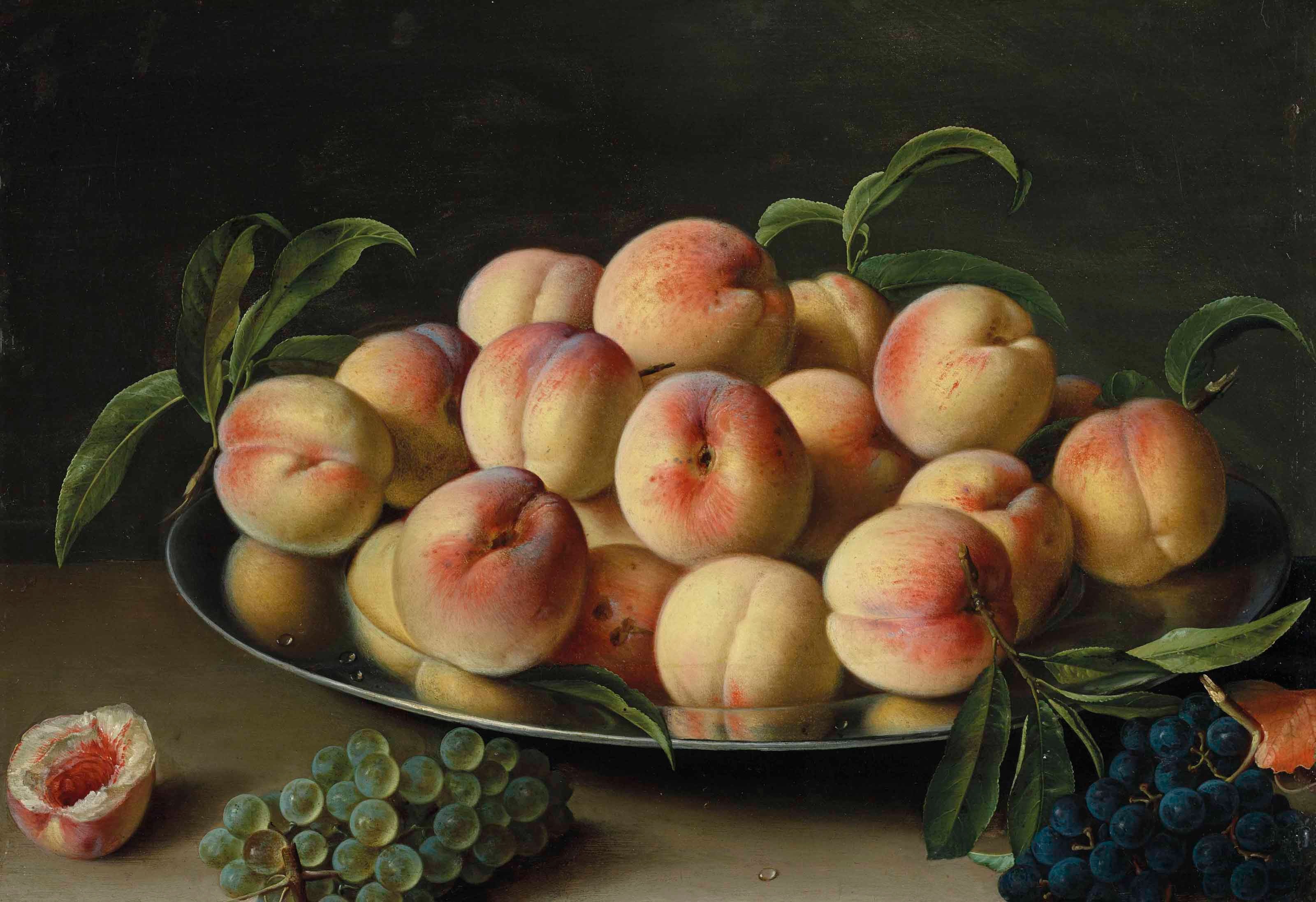 Csendélet egy tál őszibarackkal és szőlővel by Louise Moillon - 17. század - 32,7 × 46,9 cm 