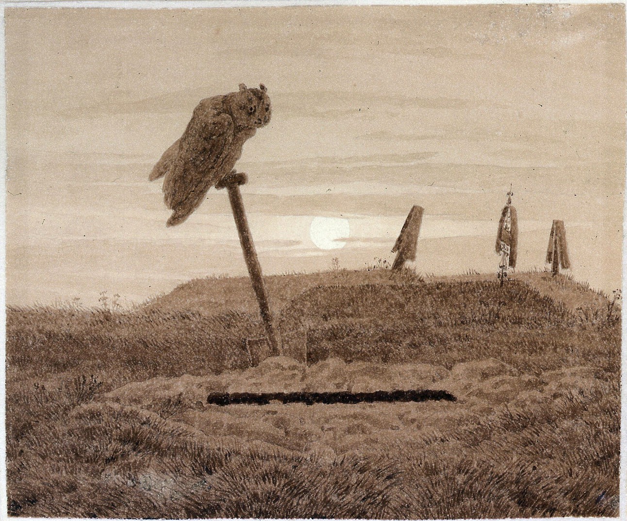 Cimitir în lumina lunii cu o bufniță by Caspar David Friedrich - 1834 - 14 × 19 cm 