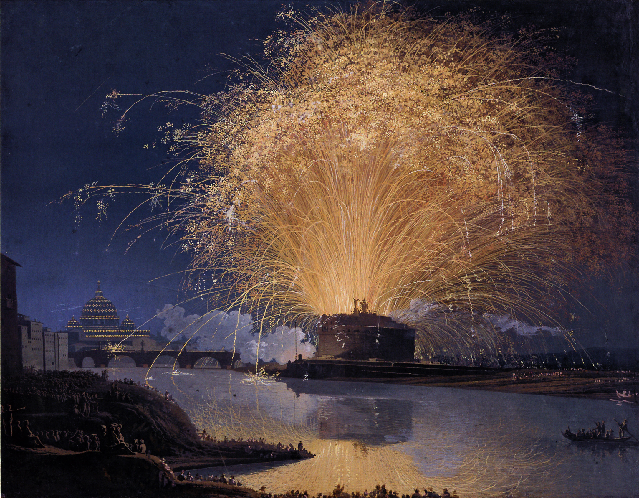 Vuurwerk boven het Castel Sant'Angelo in Rome by Jacob Philipp Hackert - 1775 - 44,7 x 58,2 cm 