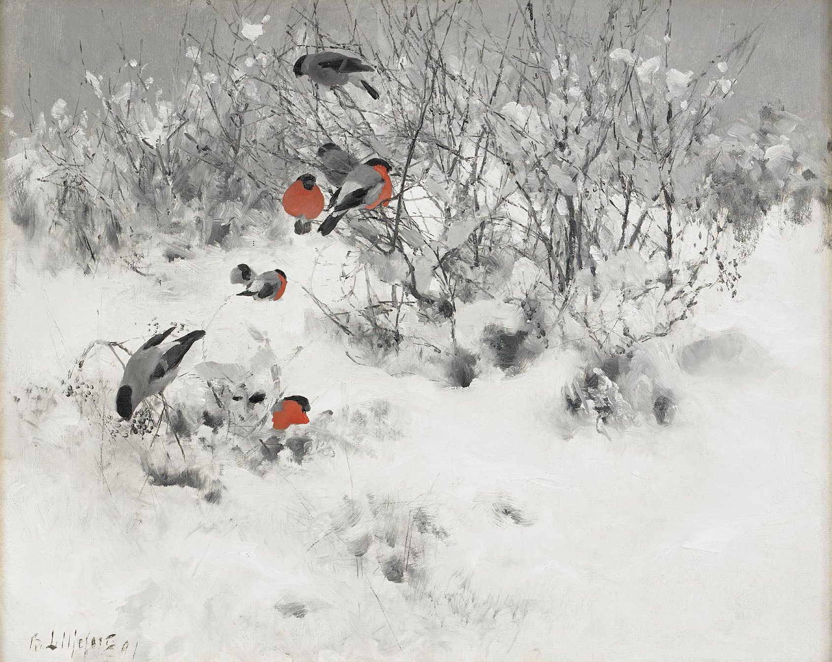 Vinterlandskap med Domherrar by Bruno Liljefors - 1891 - 40 x 50 cm 