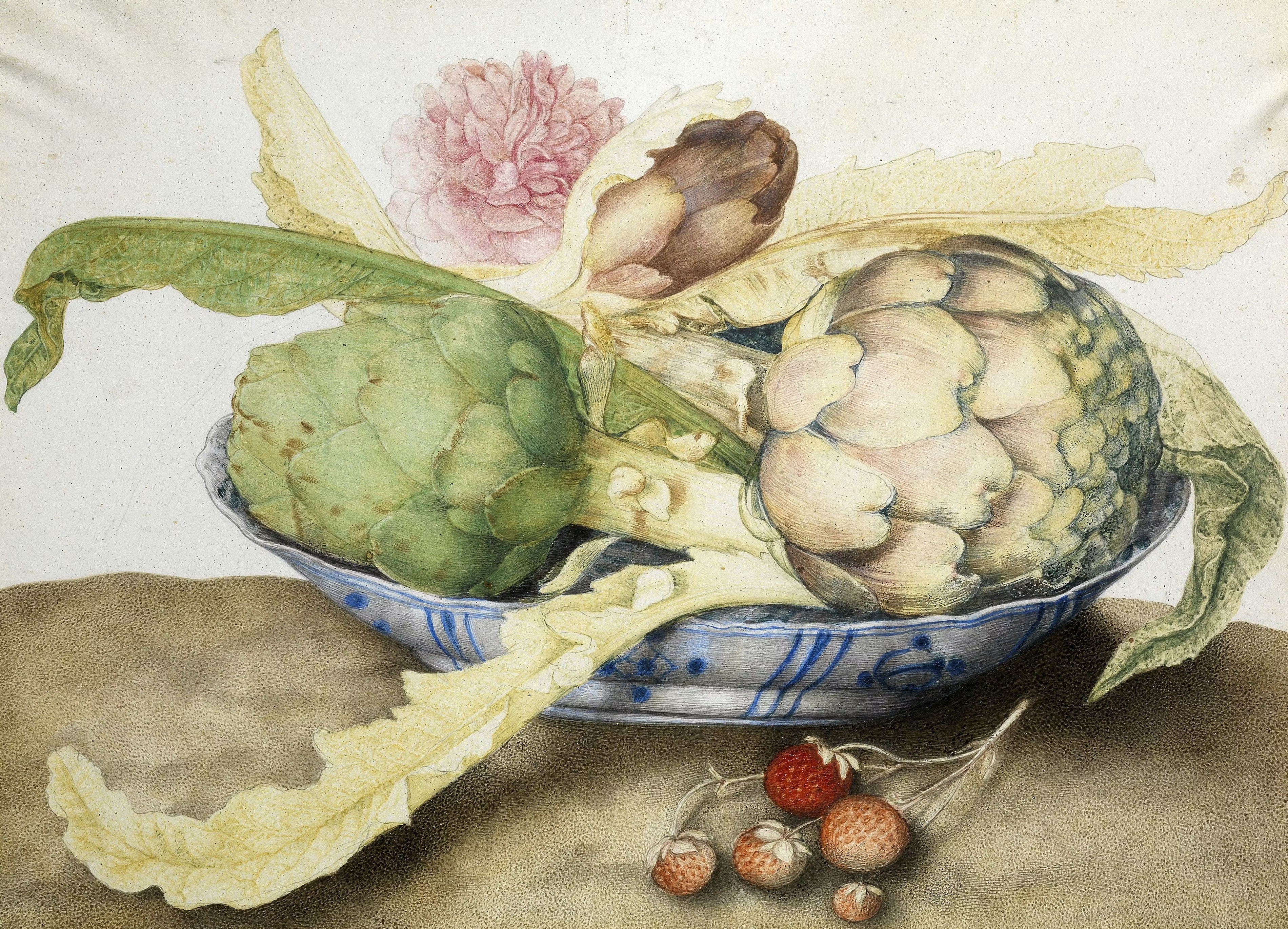 Chinese plate with artichokes, rose, and strawberry by Giovanna Garzoni - 1652-60 - 24 x 32 cm Palazzo Pitti