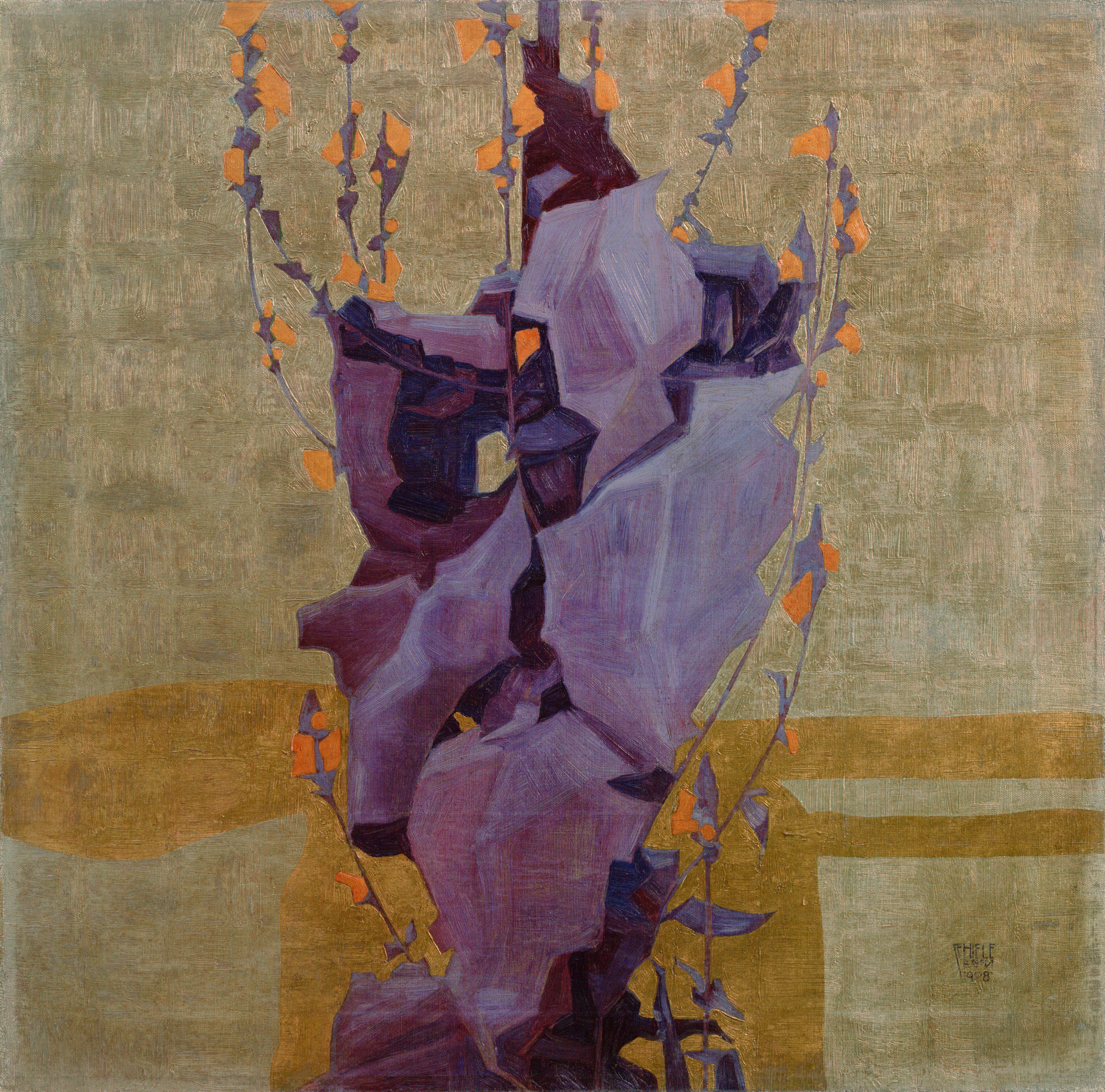 장식적 배경 속 다듬어진 꽃들 (Stylized Flowers in Front of Decorative Background) by Egon Schiele - 1908 - 65.5 × 65.5 cm 