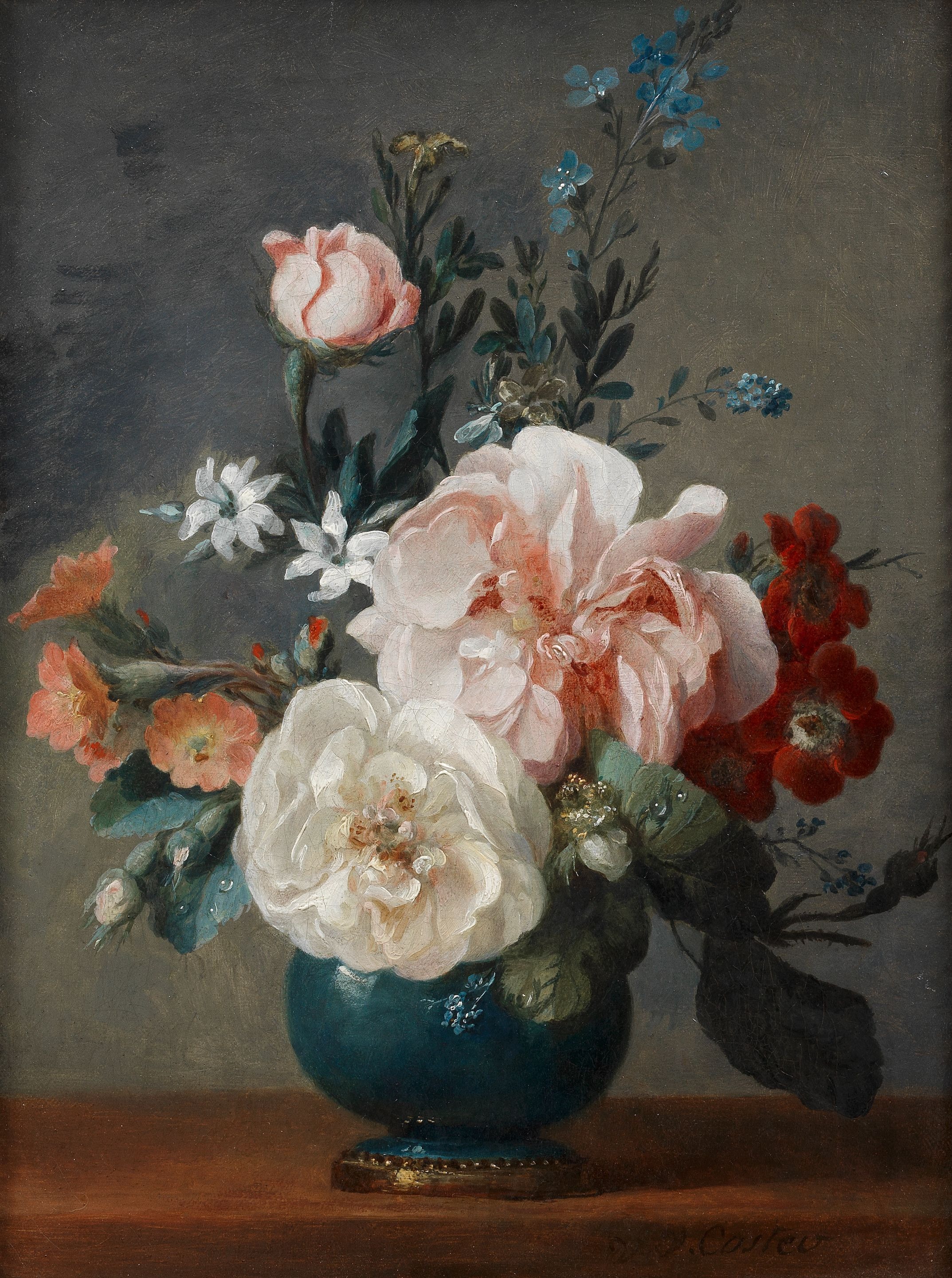 青い花瓶の薔薇やオレンジの花など by Anne Vallayer-Coster - 1800年頃 - 32.8 x 24 cm 