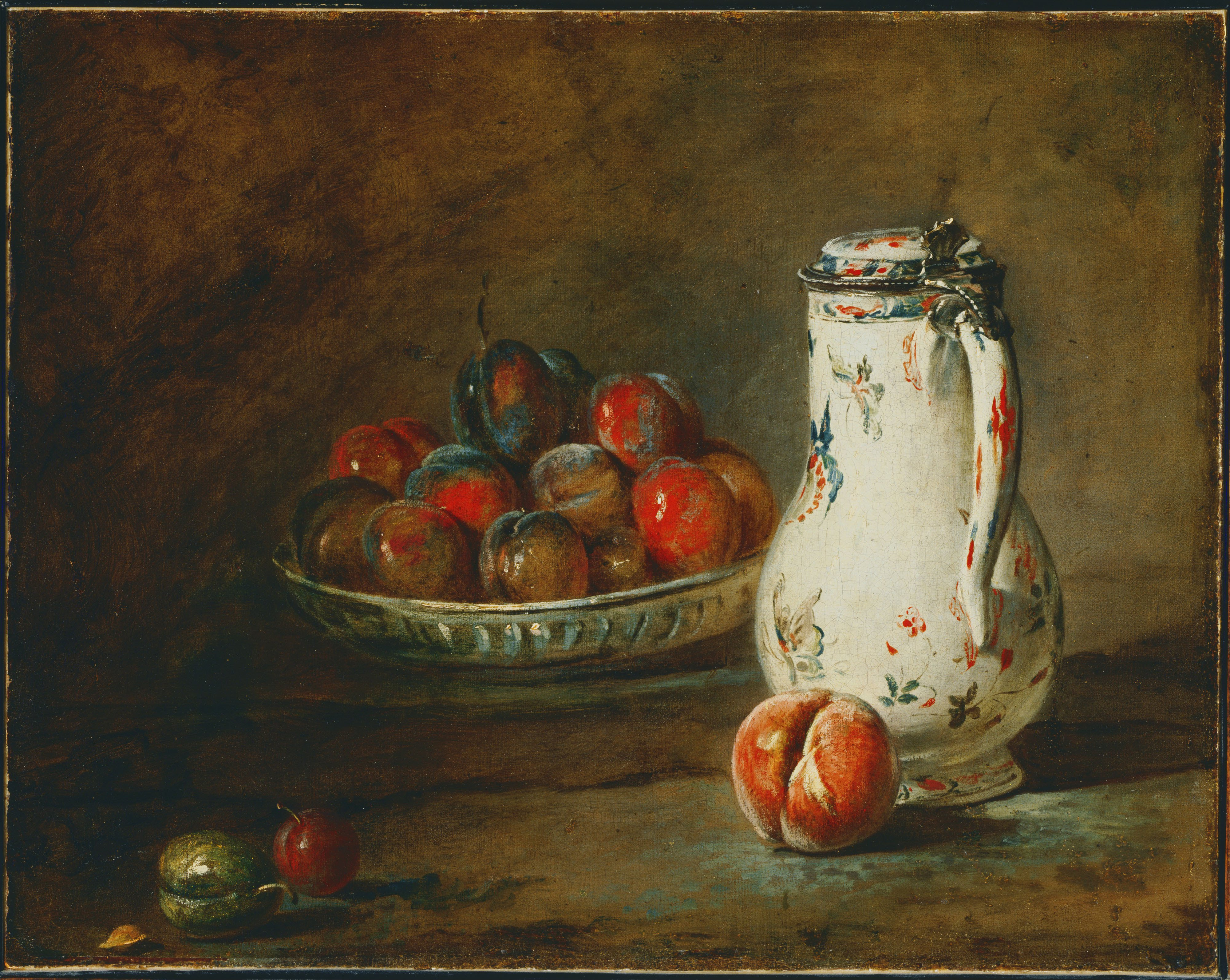 Skål med Plommon by Jean-Baptiste-Siméon Chardin - ca 1728 - 44.45 × 56.21 cm 