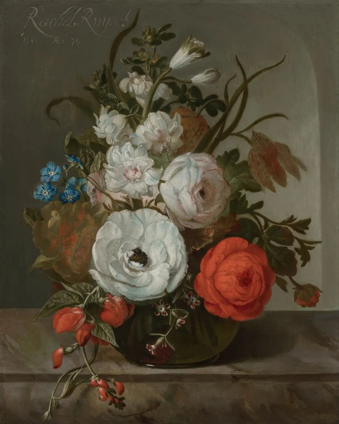 طبیعت بی‌جان از گل در گلدان شیشه‌ای بر روی میز مرمرین جلوی تاقچه by Rachel Ruysch - ۱۷۴۲ - ۲۴ × ۱۹ سانتی‌متر 