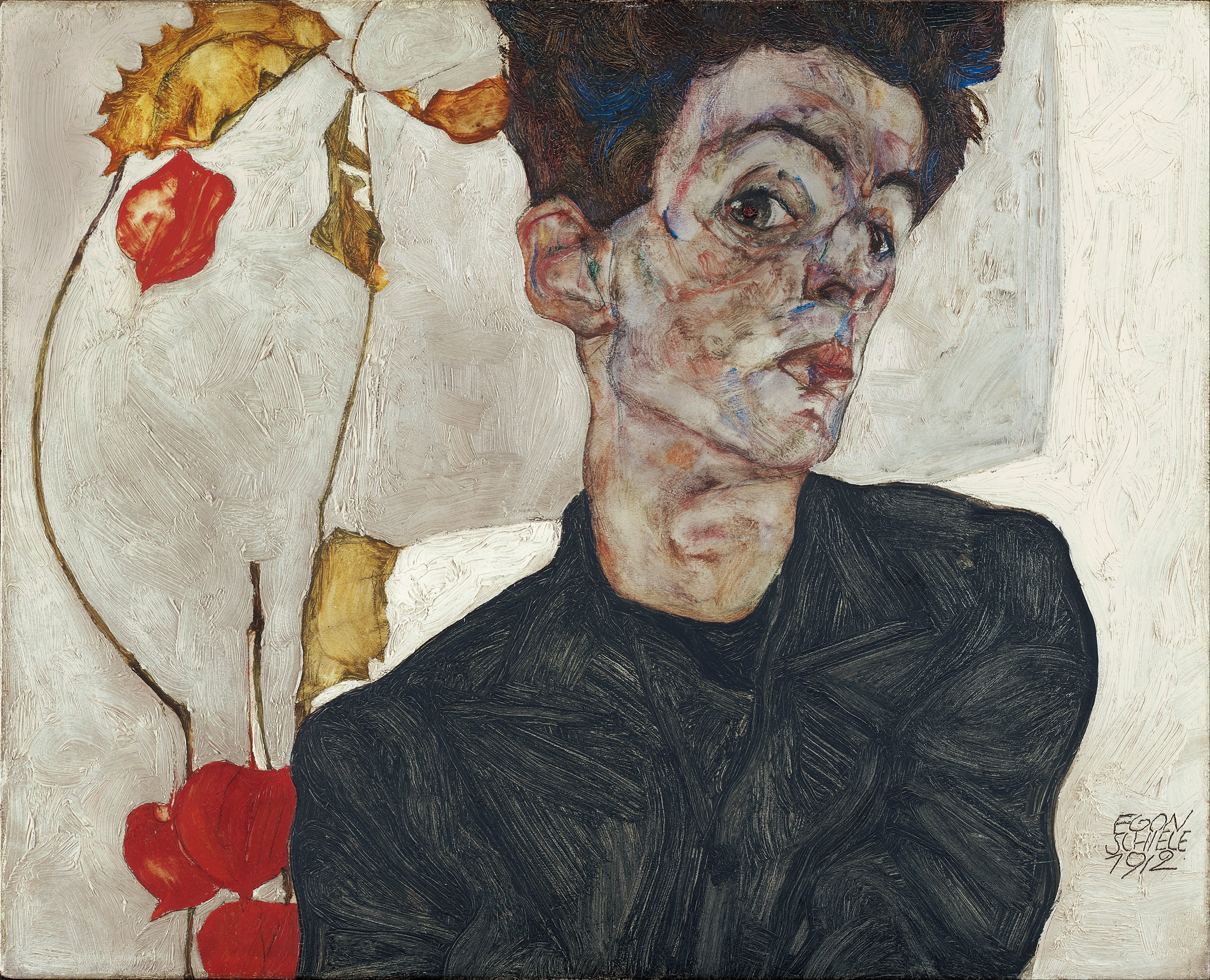 Selbstporträt mit Lampionfrüchten by Egon Schiele - 1912 - 32,2 × 39,<8 cm Leopold  Museum