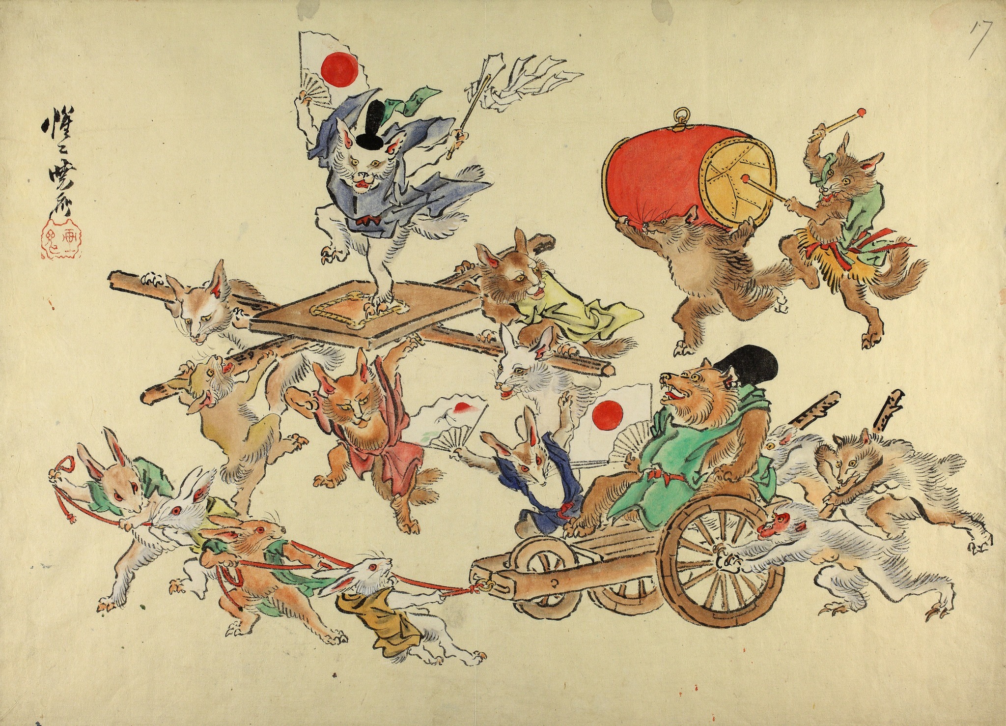 Animals travestying a festival procession by Kawanabe Kyōsai - 1881 - 38.1 × 53.3 cm British Museum