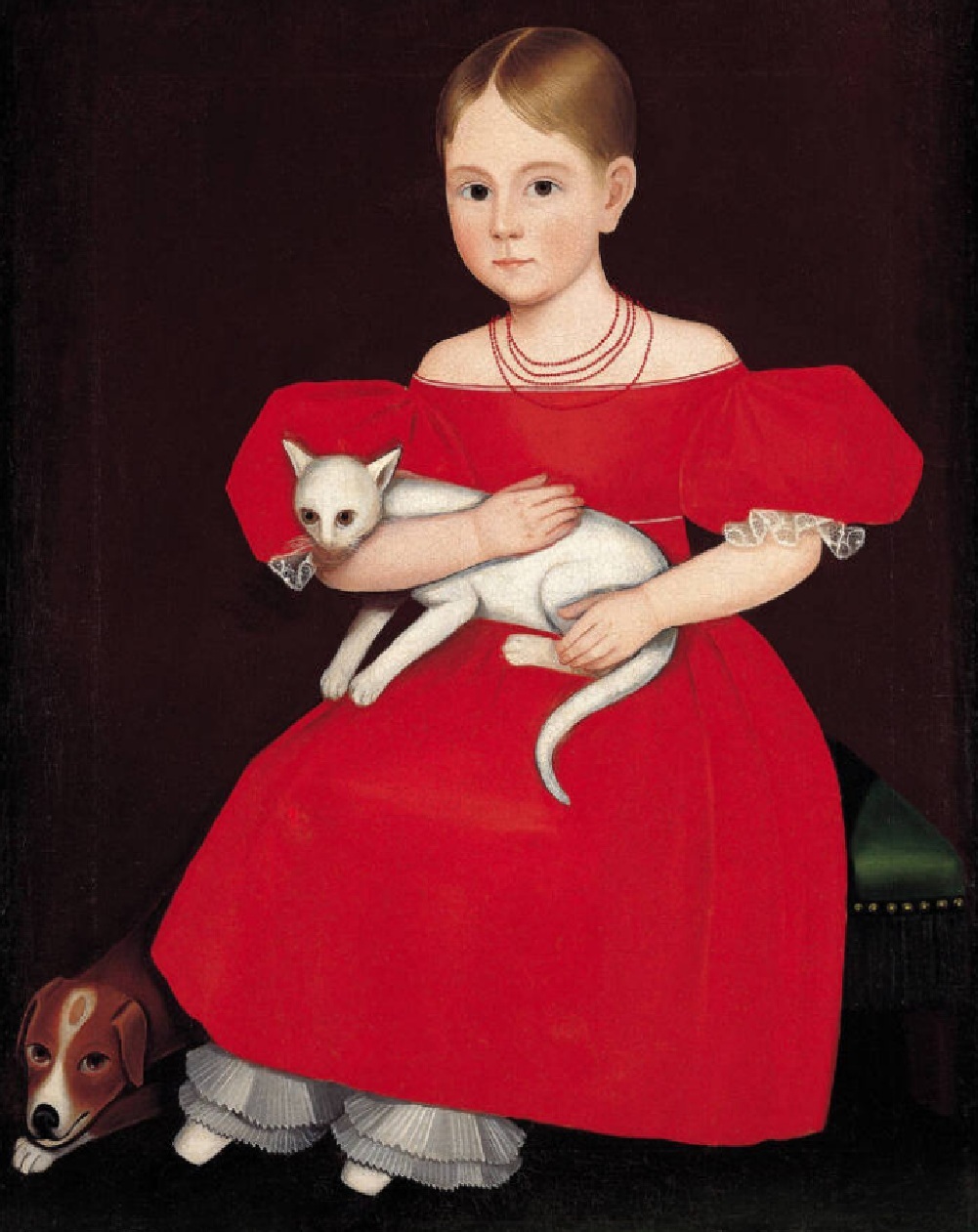 Девојчица у црвеној хаљини са мачком и псом by Ammi Phillips - 1830-1835. - 76.2 × 63.5 cm 