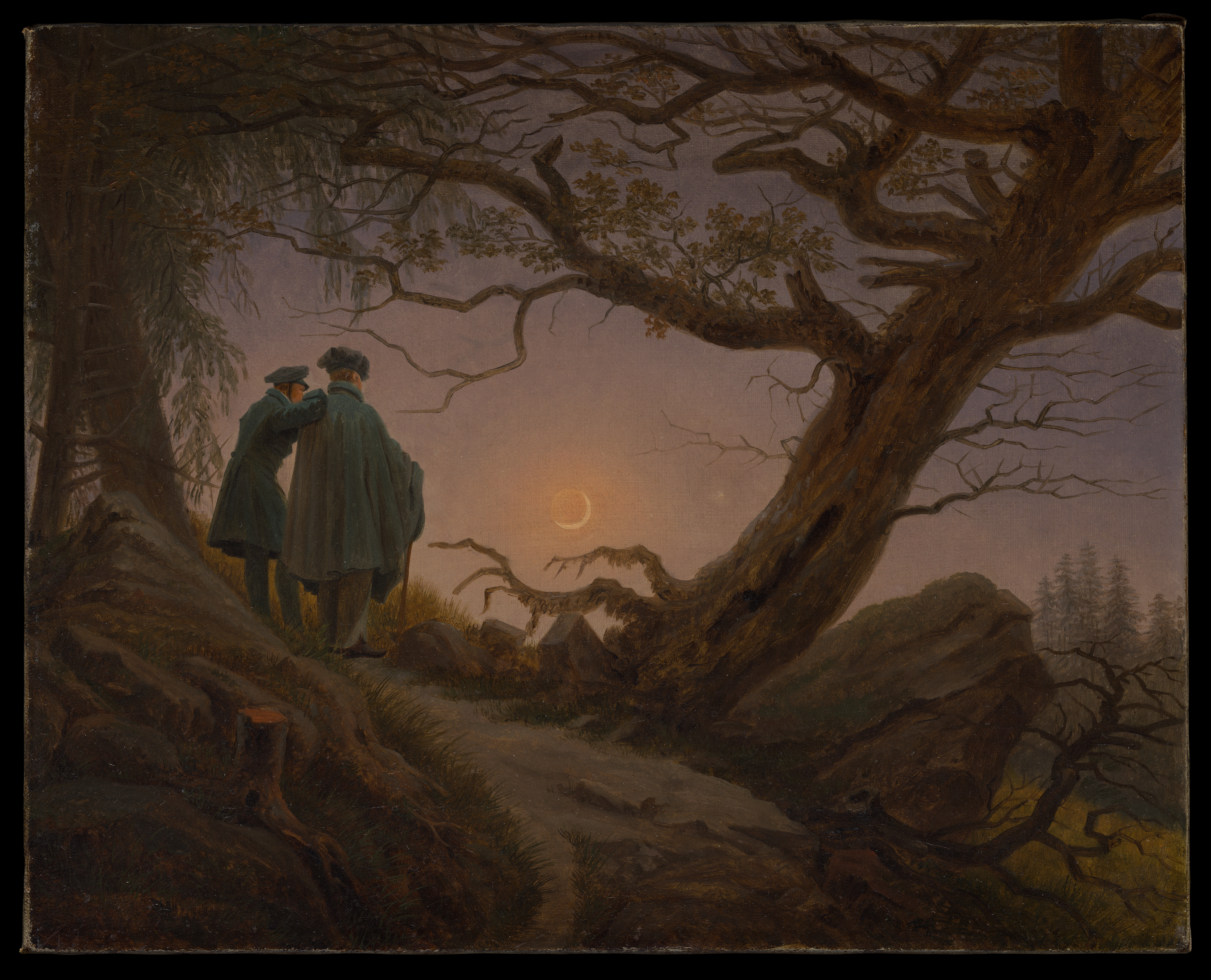 Twee mannen die naar de maan kijken by Caspar David Friedrich - c. 1825–30 - 34,9 x 43,8 cm 
