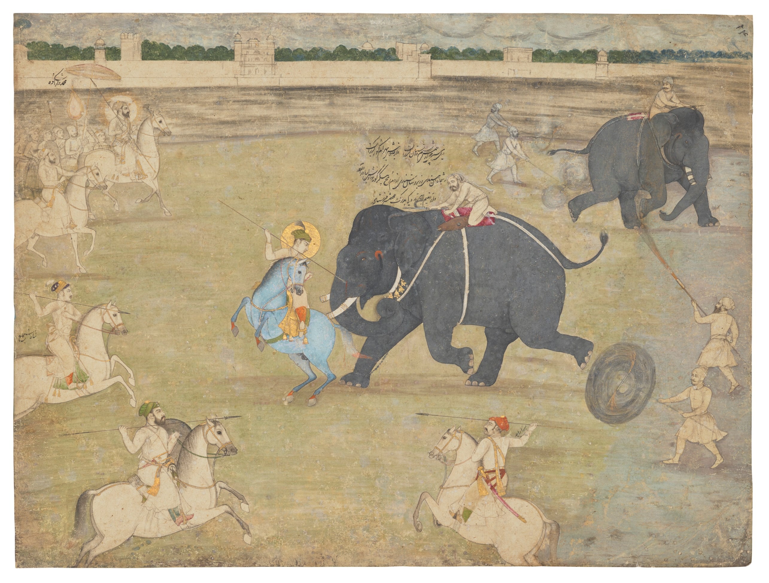 Prince Aurangzeb attacks the elephant Sudhakar rampaging by Unknown Artist - c. 1650 - 26.7 x 35.4 cm private collection