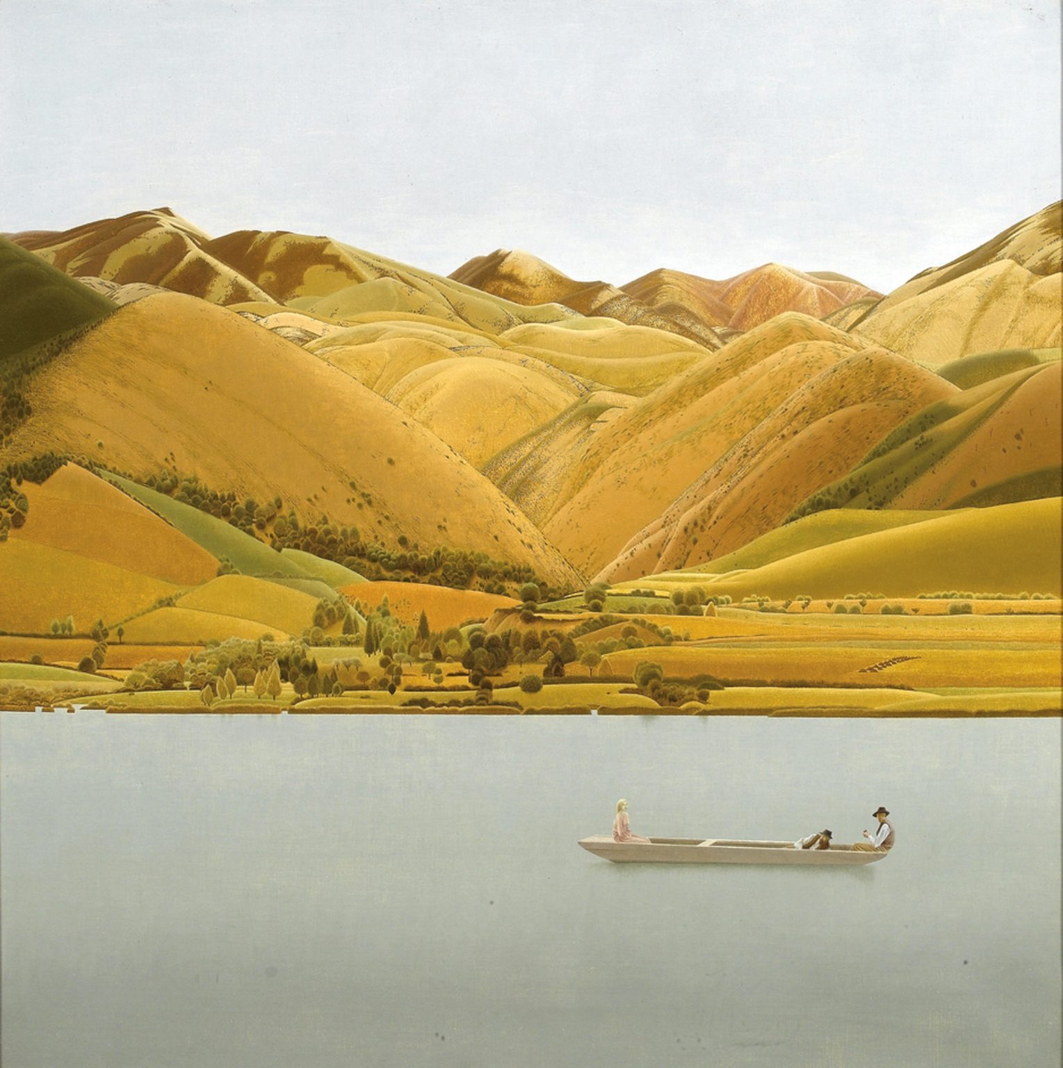 Rand der Abruzzen: Boot mit drei Personen auf einem See by Winifred Knights - 1930 - 66,5 x 66,5 cm  Private Sammlung