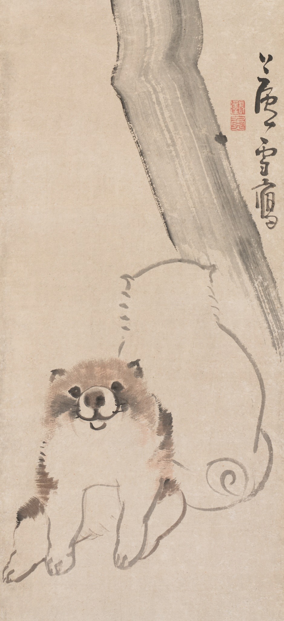 两只小狗在盛开的李树下（局部） by 长泽 芦雪 - 18世纪 - 121.3 x 27.5 cm 私人收藏