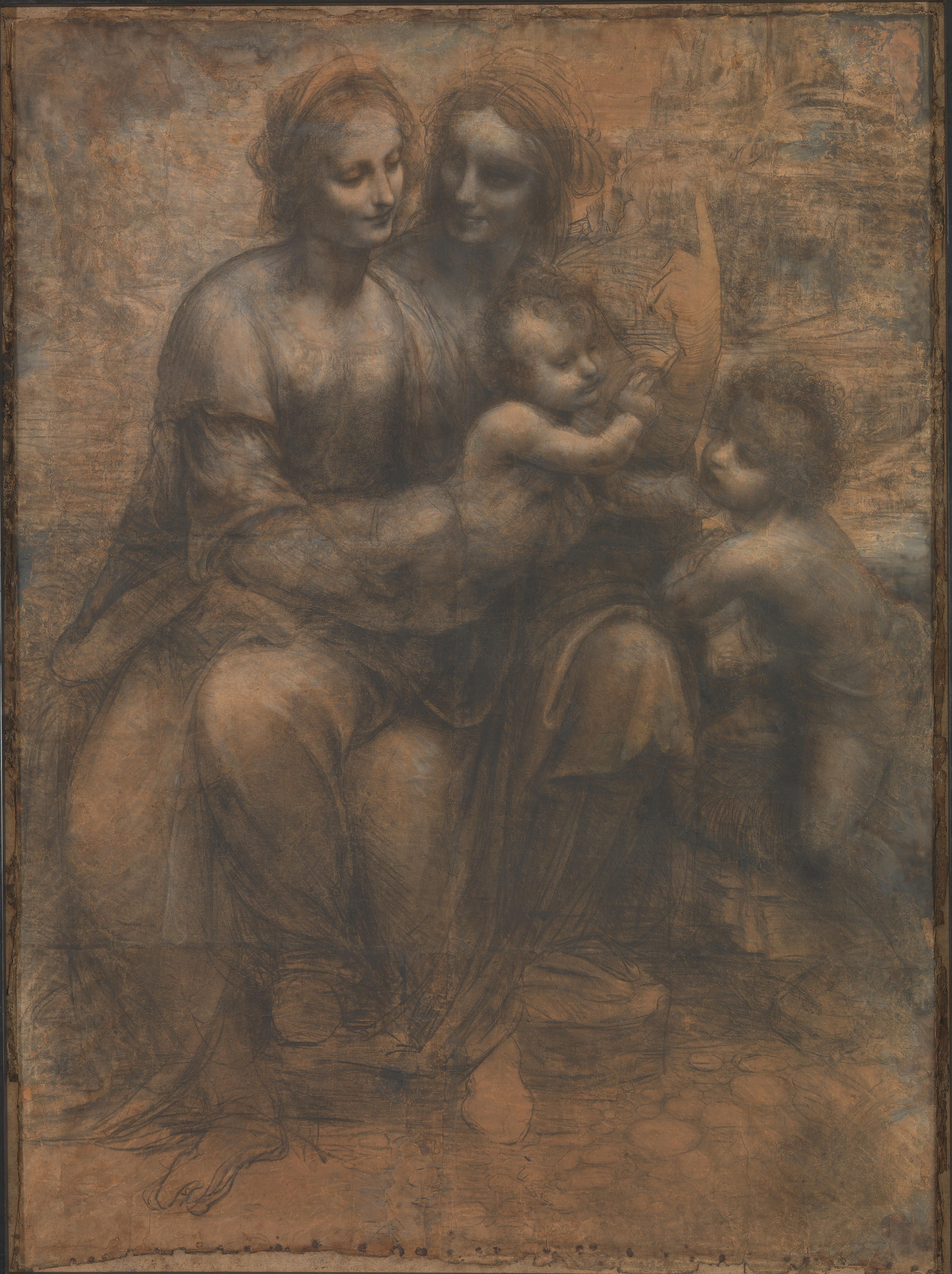 Мадонна з дитям, святою Анною та Йоаном Хрестителем by Leonardo da Vinci - прибл. 1499–1500 рр або прибл. 1506–1508 рр - 141.5 cm × 104.6 см 